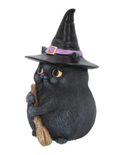 Schwarze Katze Mit Besen & Hexenhut -Halloween Lieferungen schwarze katze mit hexenhut black cat with witch hat and broom gothic figur geschenkartikel 39255 02